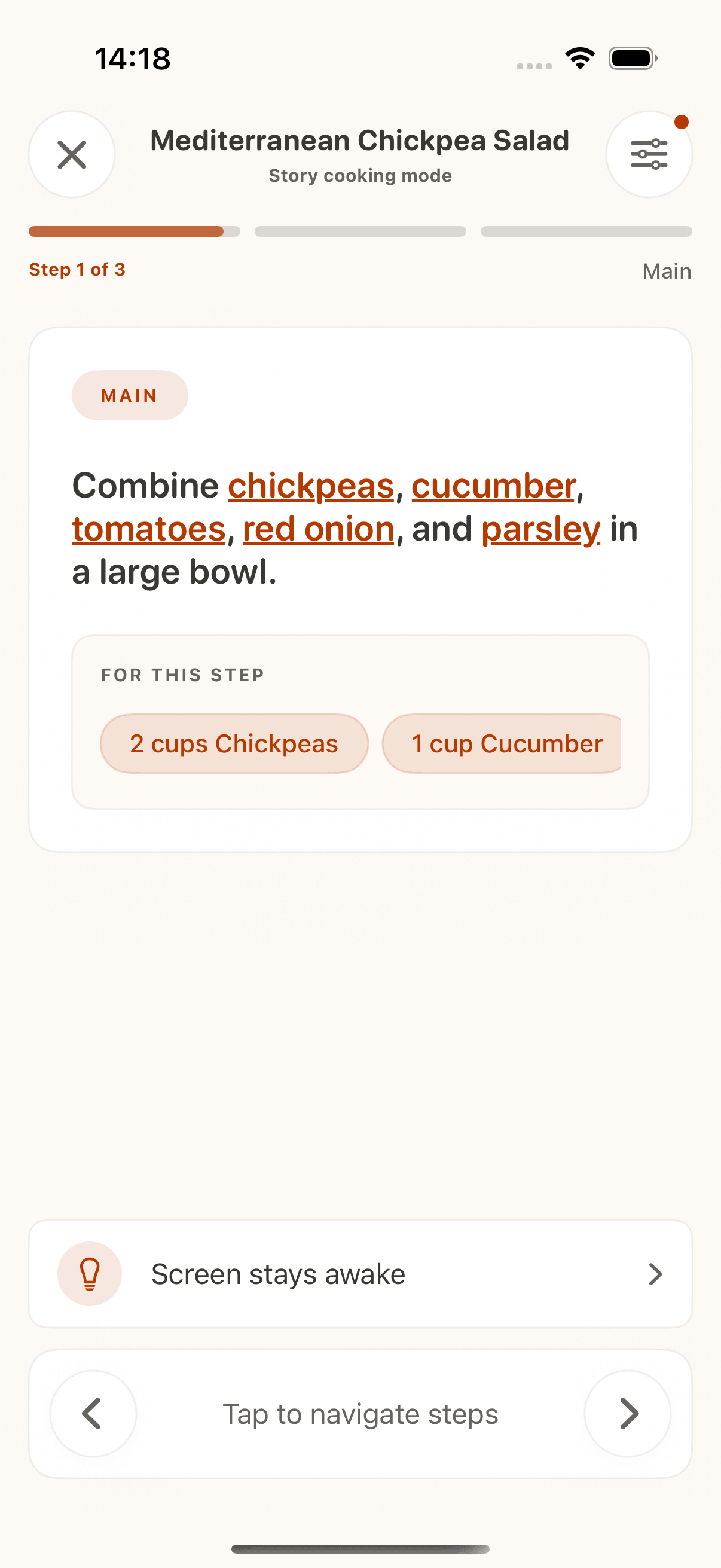 CookClip cook mode screen with large guided steps