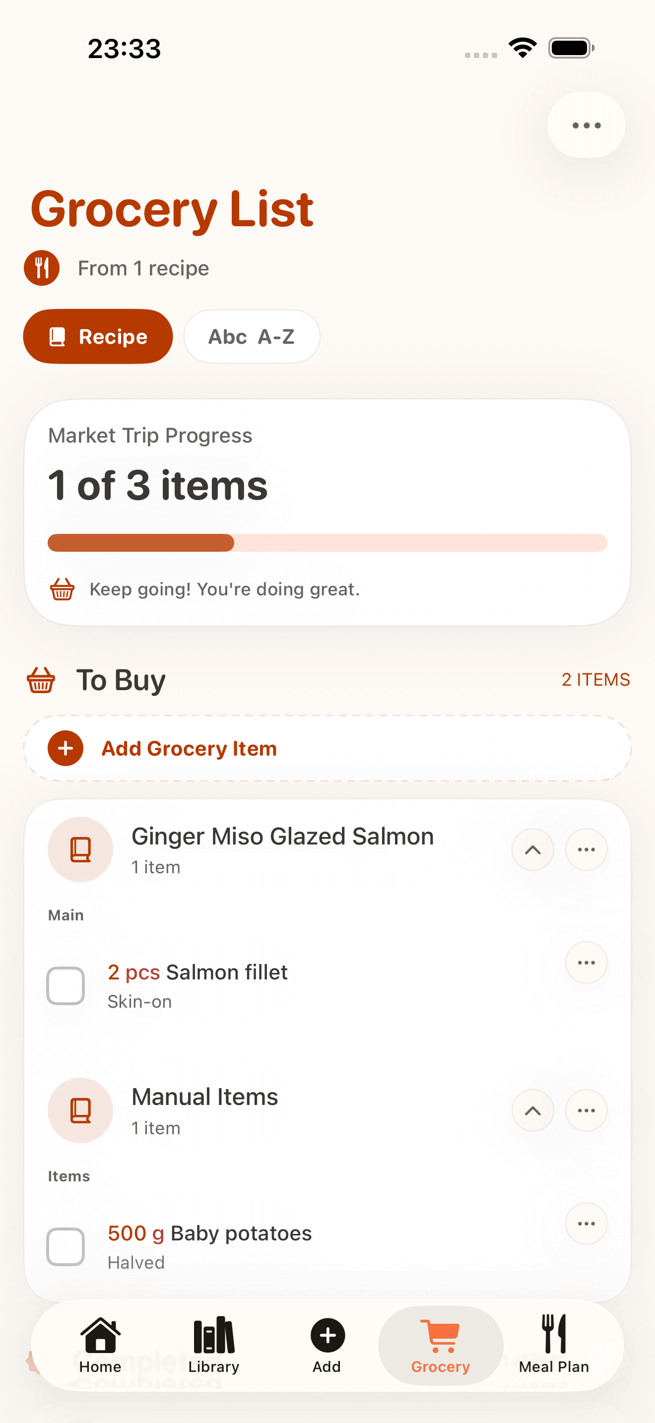 CookClip meal planning and grocery list screen