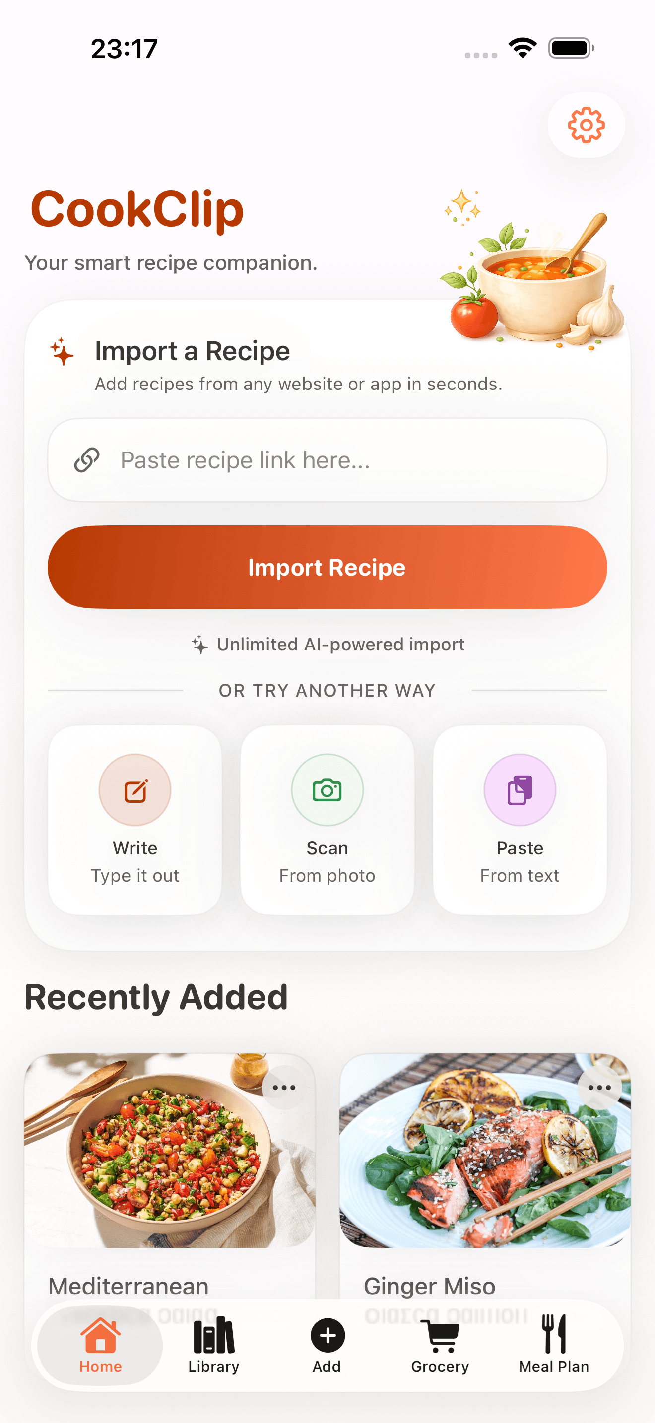 CookClip home screen showing organized recipes