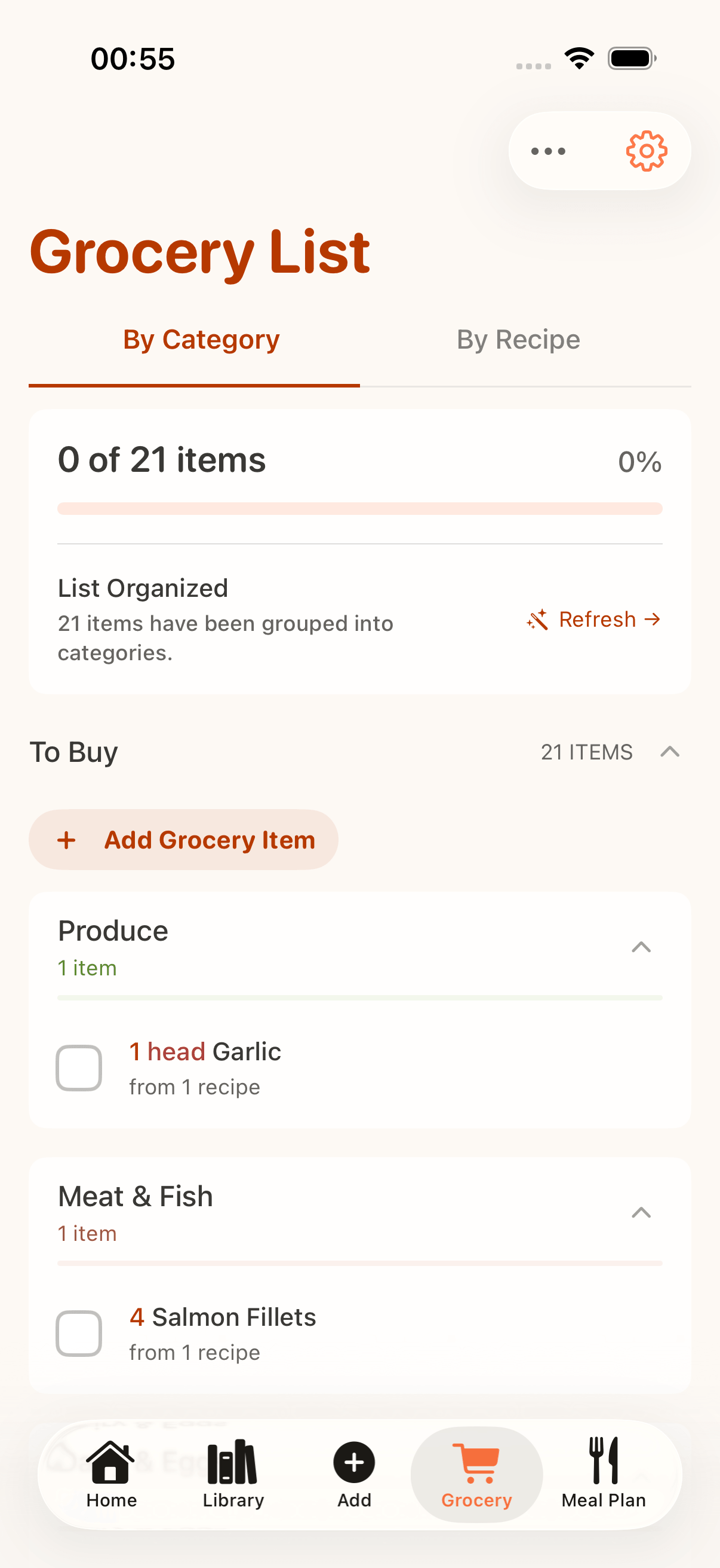 CookClip grocery list grouped by shopping category