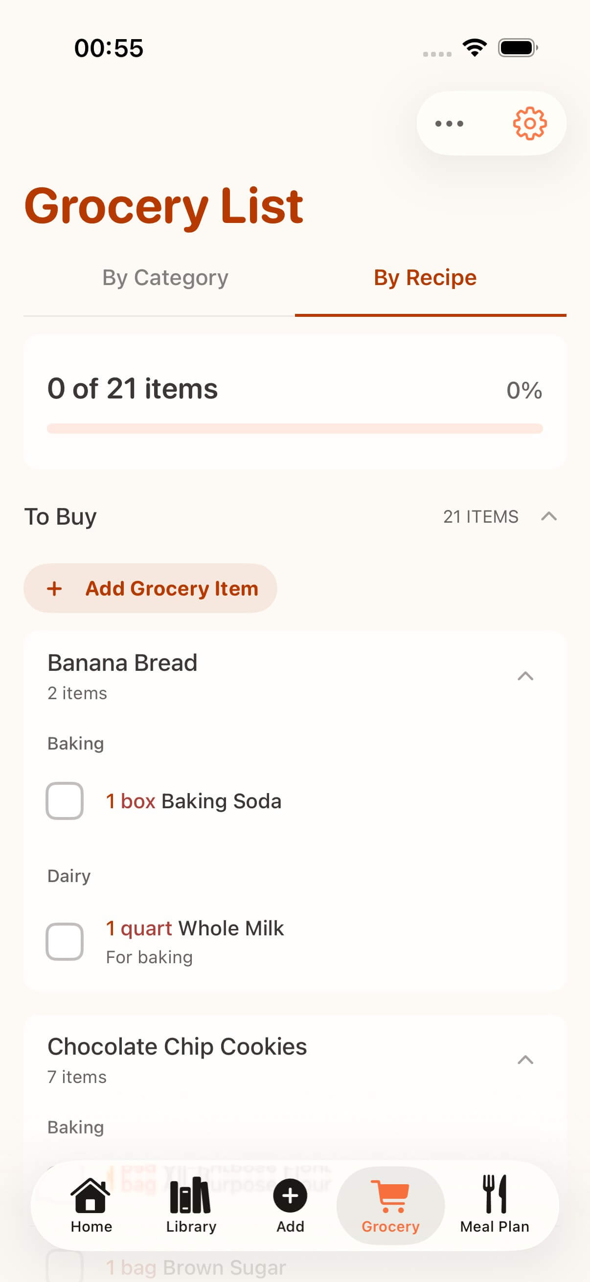 CookClip grocery list grouped by saved recipe