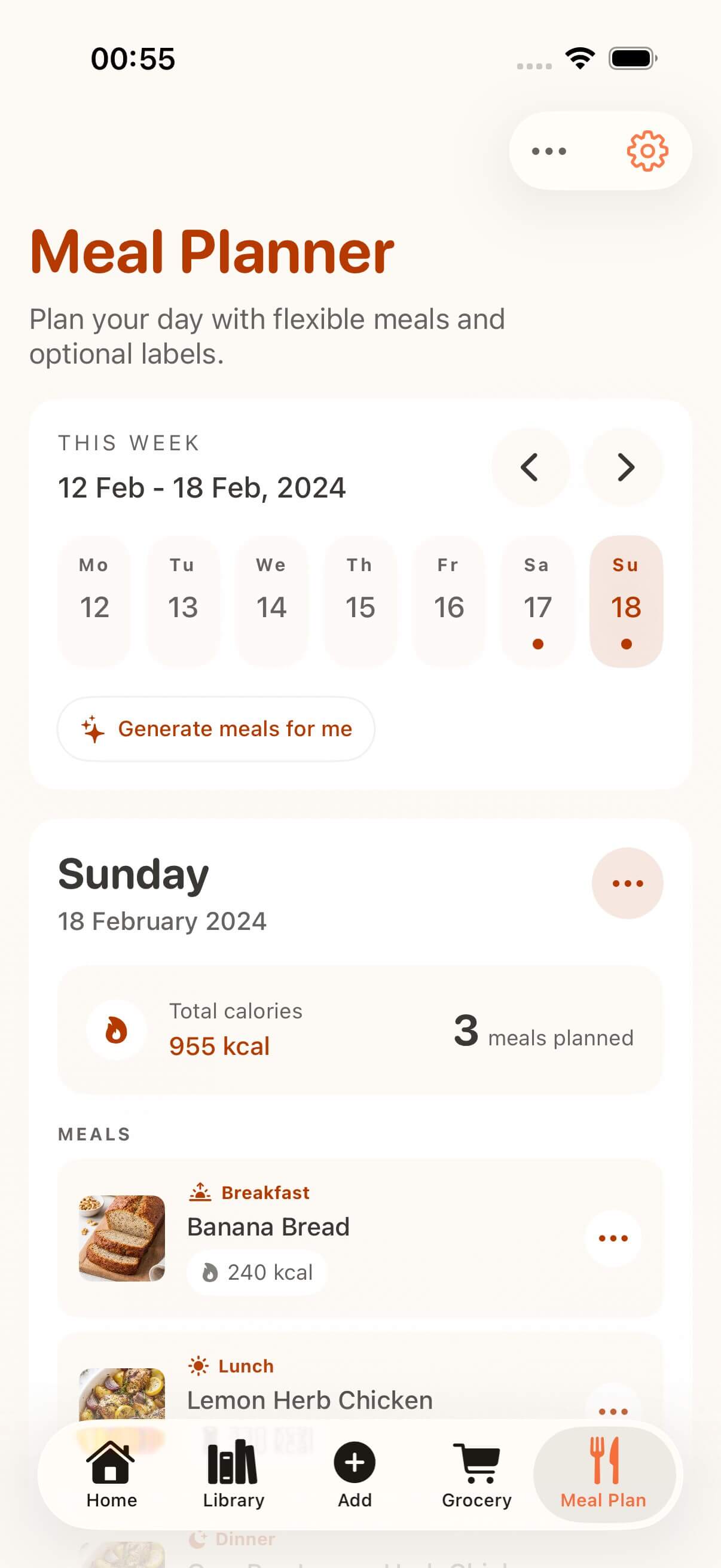CookClip weekly meal planner filled with saved recipes