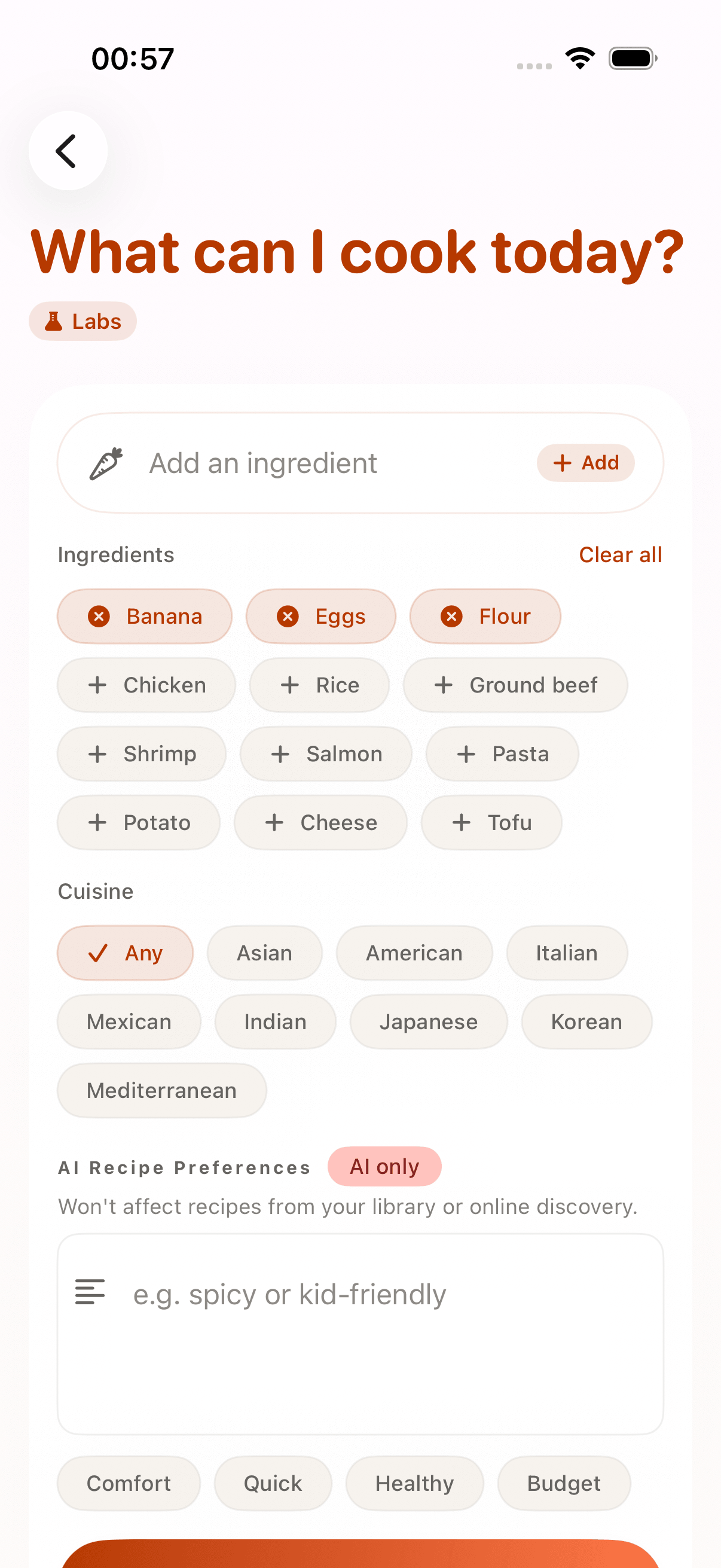 CookClip What can I cook today ingredient selection screen