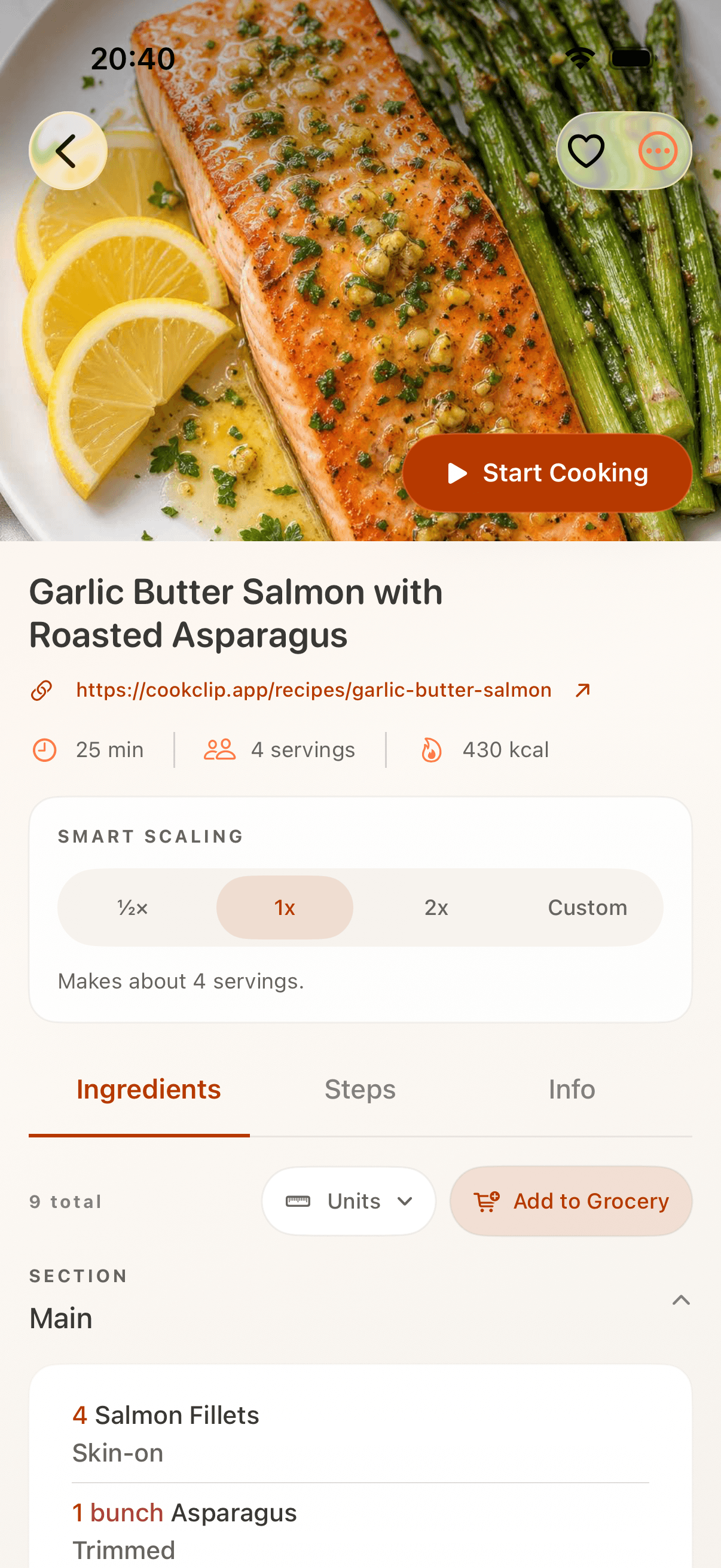 CookClip recipe ingredients screen
