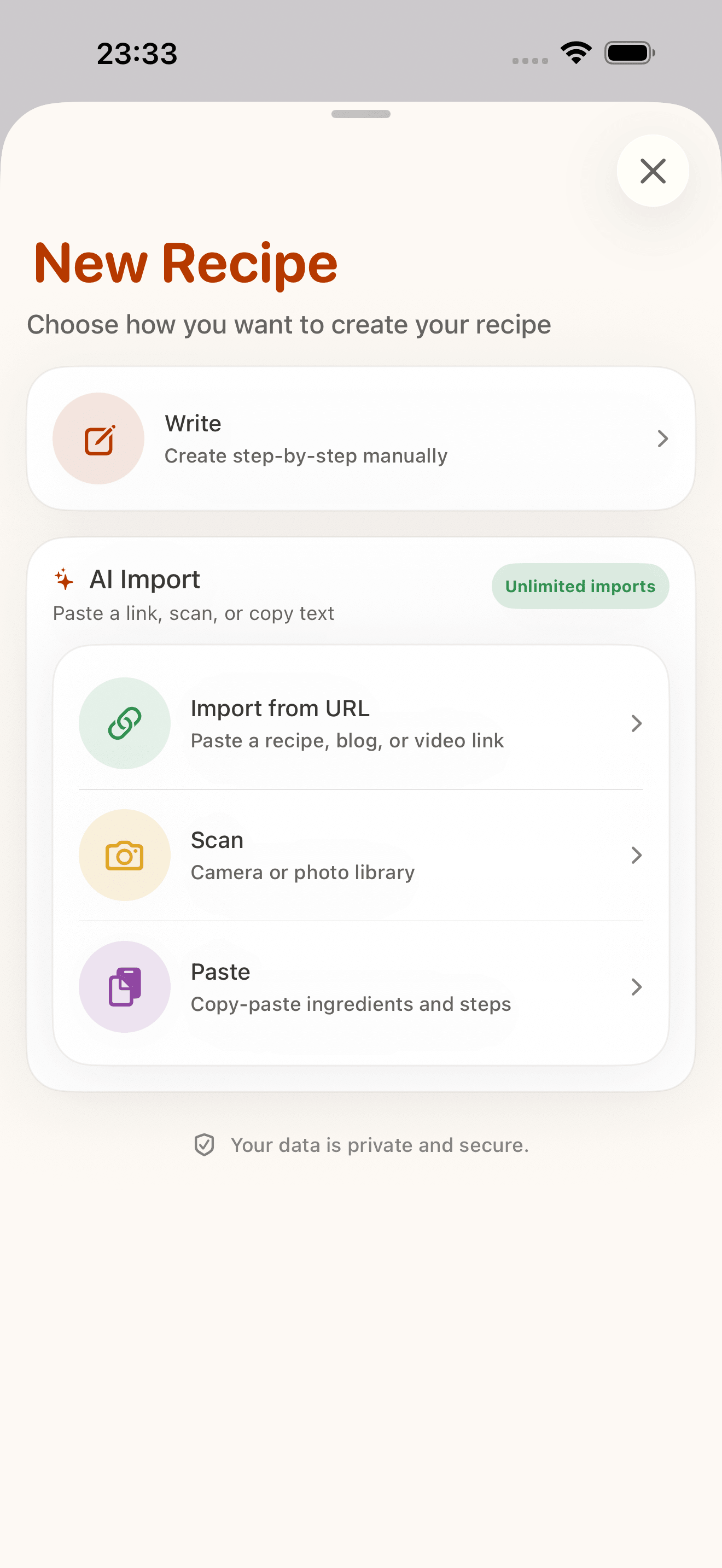CookClip import screen for recipes from links, text, photos, and videos