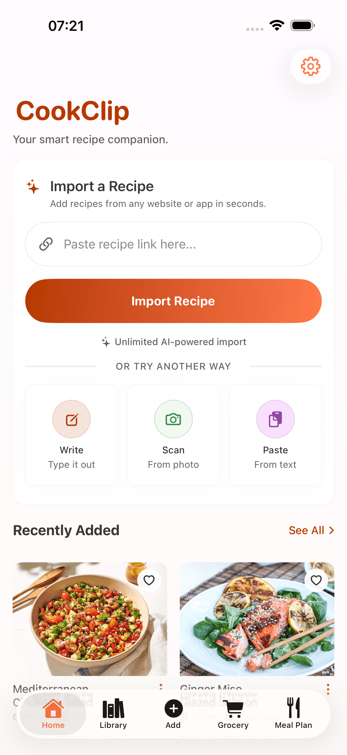 CookClip home screen showing recipes organized in a warm, easy-to-browse cookbook